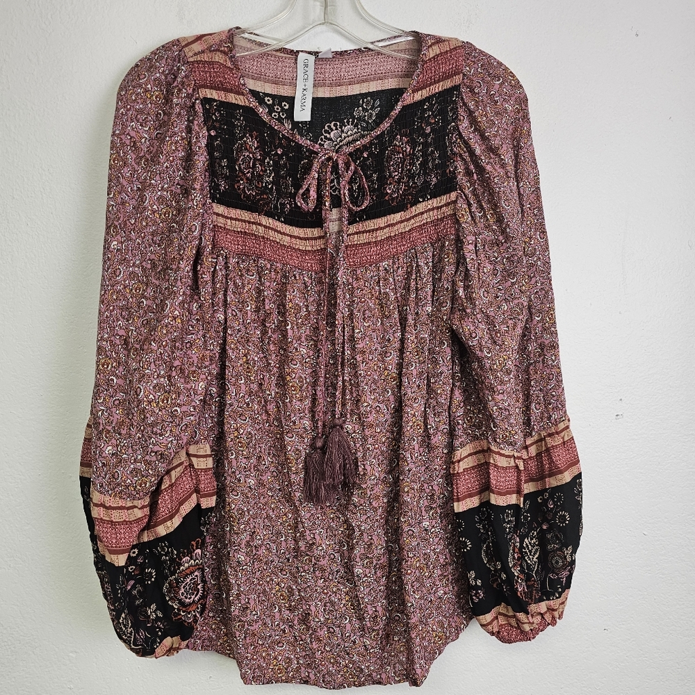 Grace + Karma Tunic Top Red/Black Tie Neck Sz S Boho Cottagecore Peasant